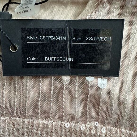Cable & Gauge Sequin Embellished Tan Top Sequin Embellished Blouse Buffsequin - Picture 4 of 5